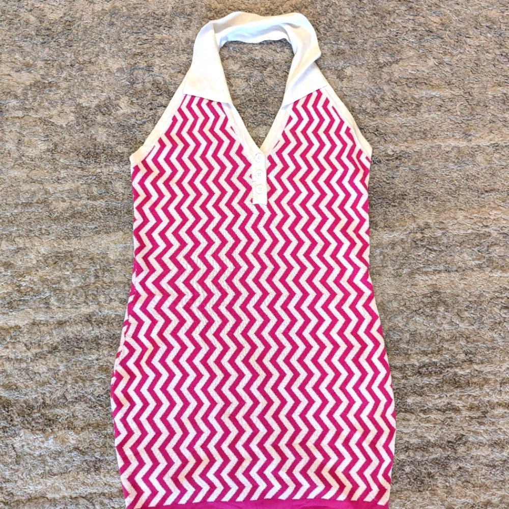 Pink and White Chevron Halter Dress